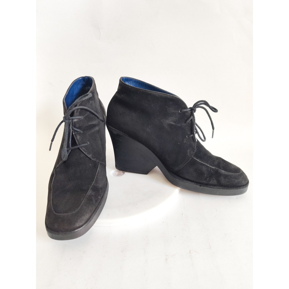 Vintage Donna Karan Ankle Boots 7 Square Toe Lace Up Wedge Black Suede Designer